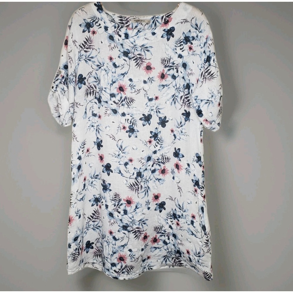 Valentina Naldi Italy 100% Linen Floral Summer Dress Sz Large Roll Tab Lagenlook